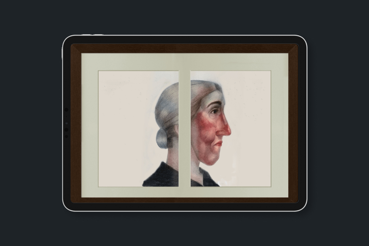 Cover image for an artwork. Paper puppet of the face of a woman in a frame, seen in profile.