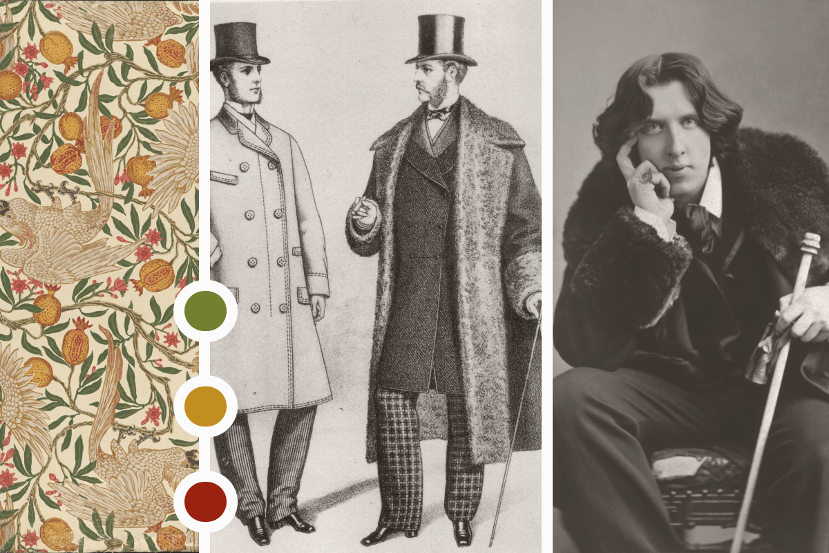 Moodboard showing a Victorian wallpaper pattern, a men's fashion plate, and portrait of Oscar Wilde.